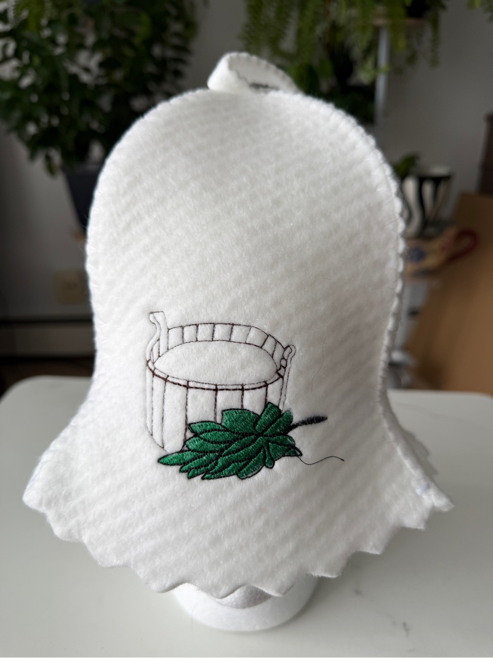 White Embroidered Bath Cap with Green Leaf Motif